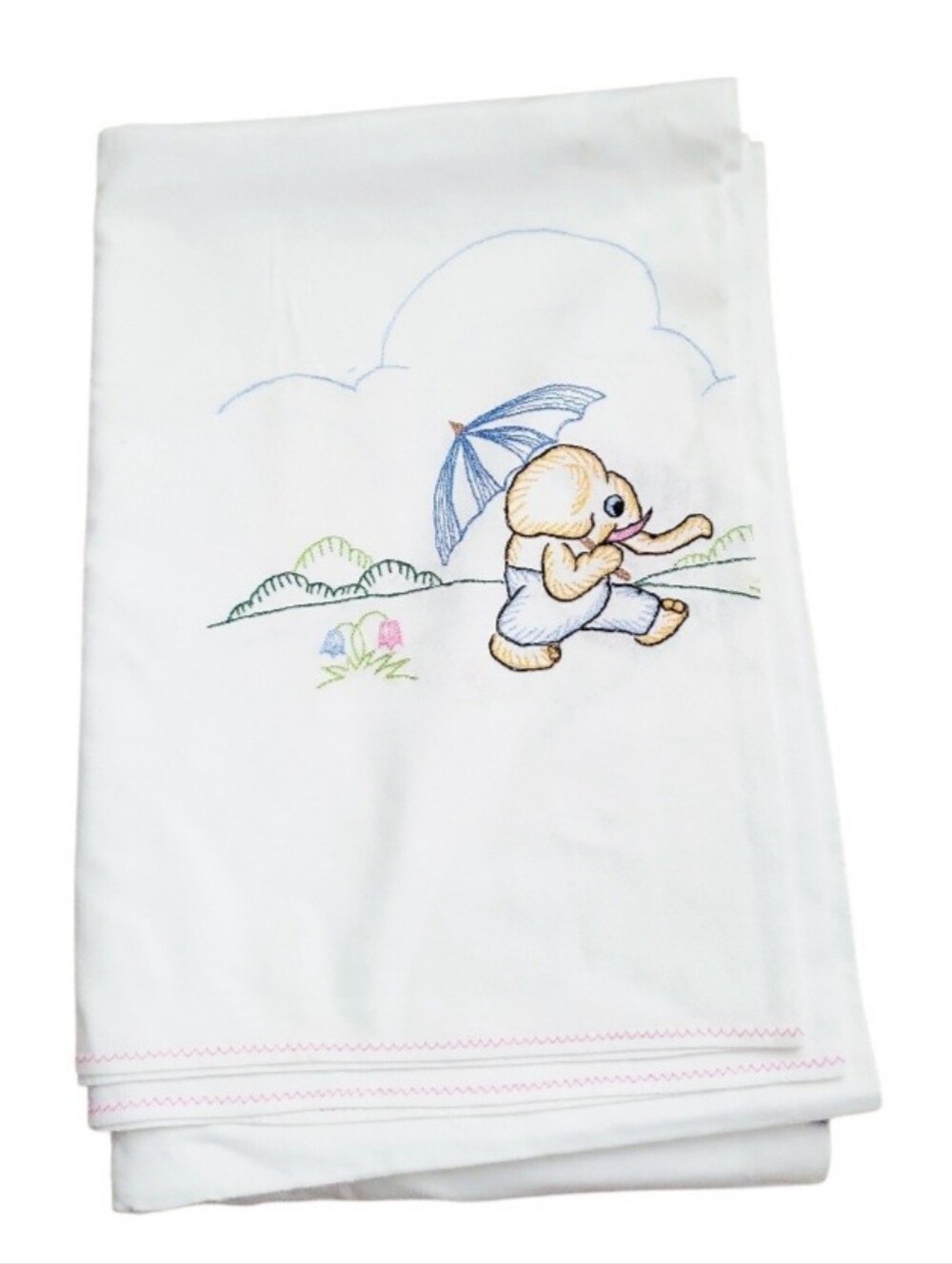 Vintage Handmade Embroidered Kidcore Elephant & Bunny Nursery Linen
